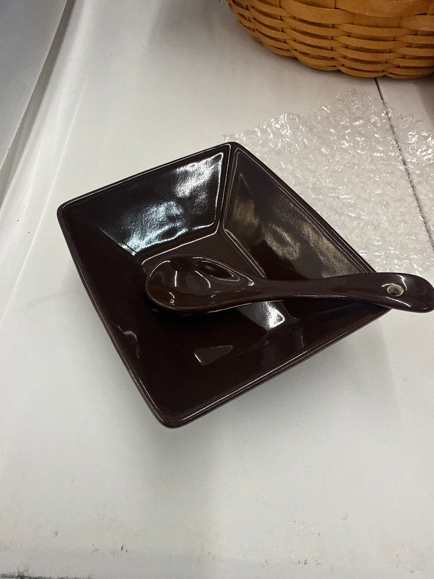 Longaberger tasting bowl with spoon in chocolate
