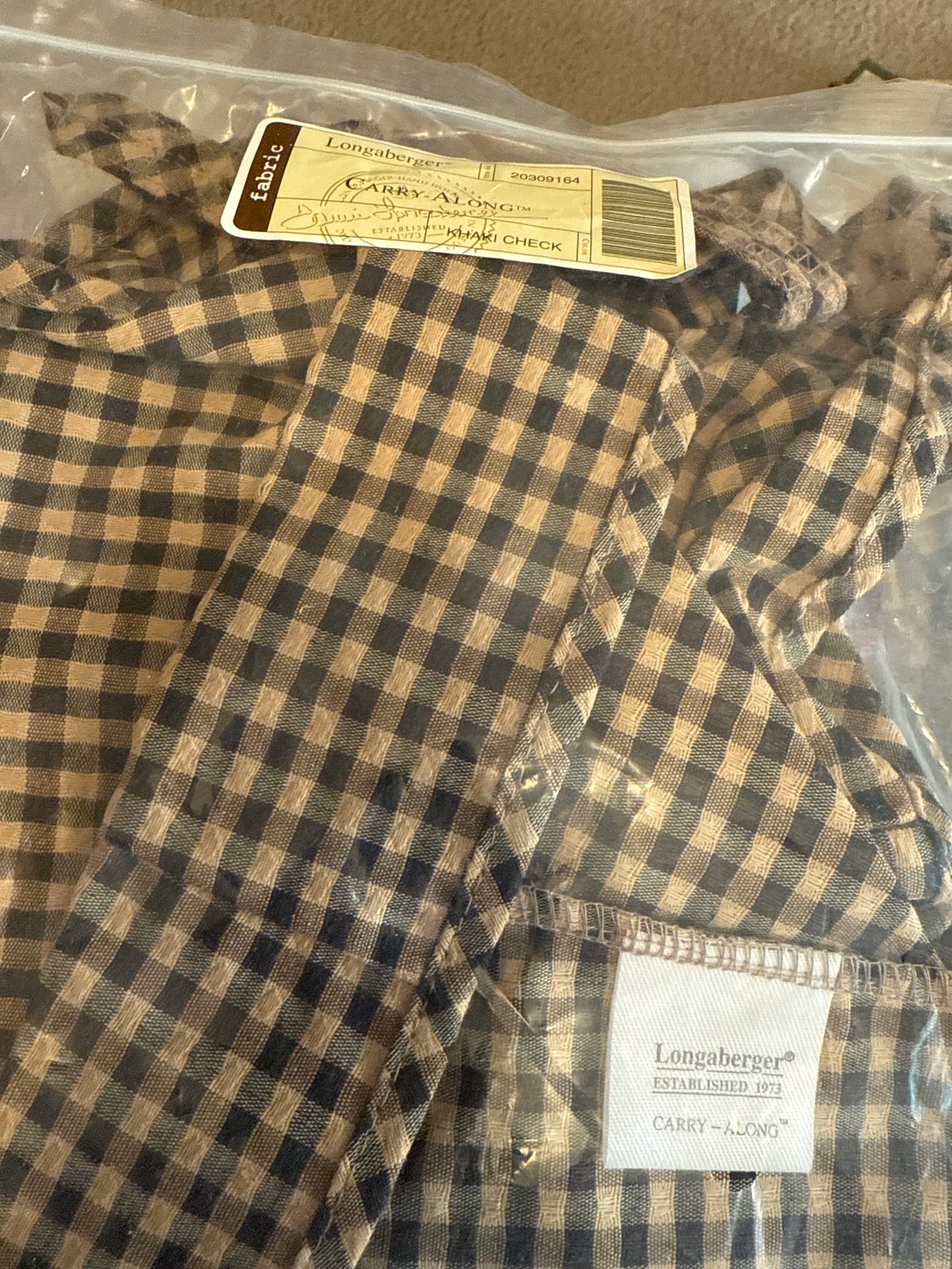 Longaberger carry along liner in khaki check