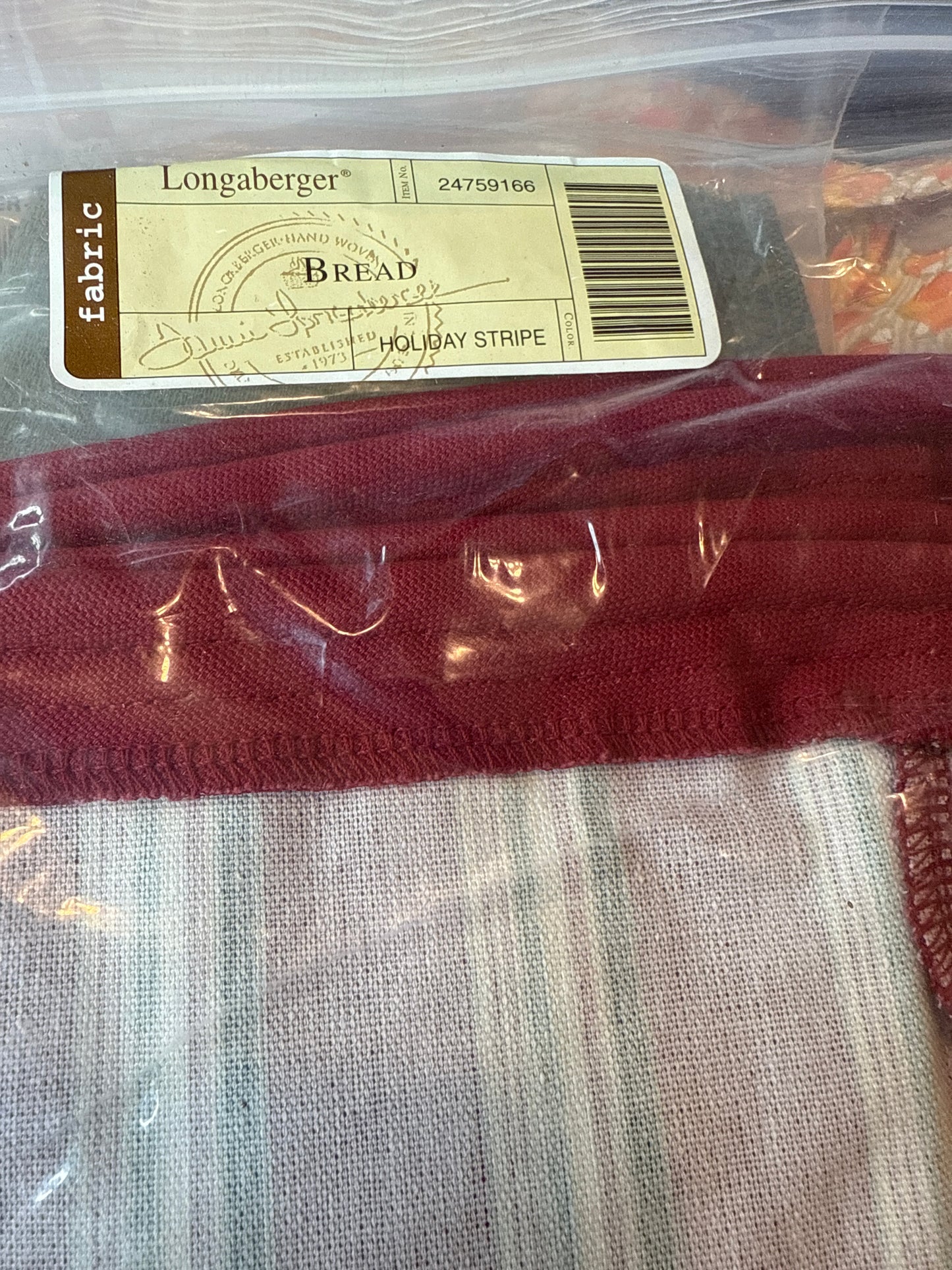 Longaberger bread liner in holiday stripe