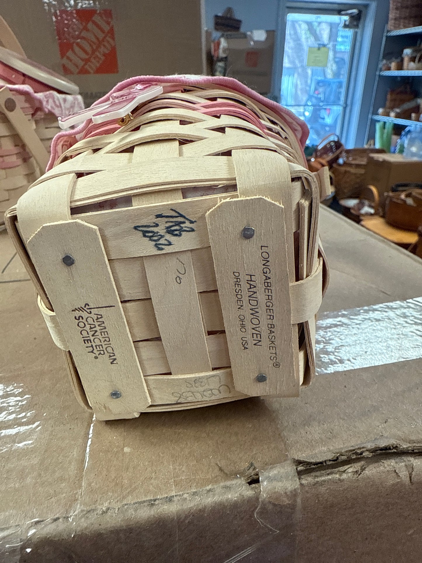 Longaberger 2002 horizon of hope basket with liner, protector, and tie on