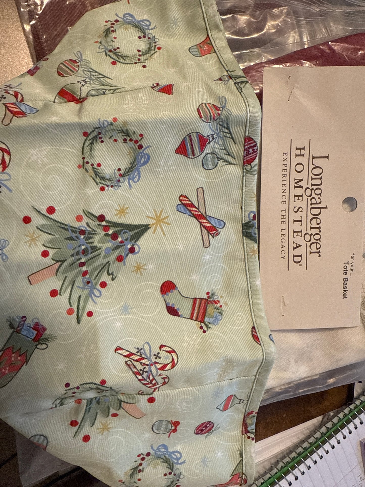 Longaberger tote basket liner in Christmas fabric