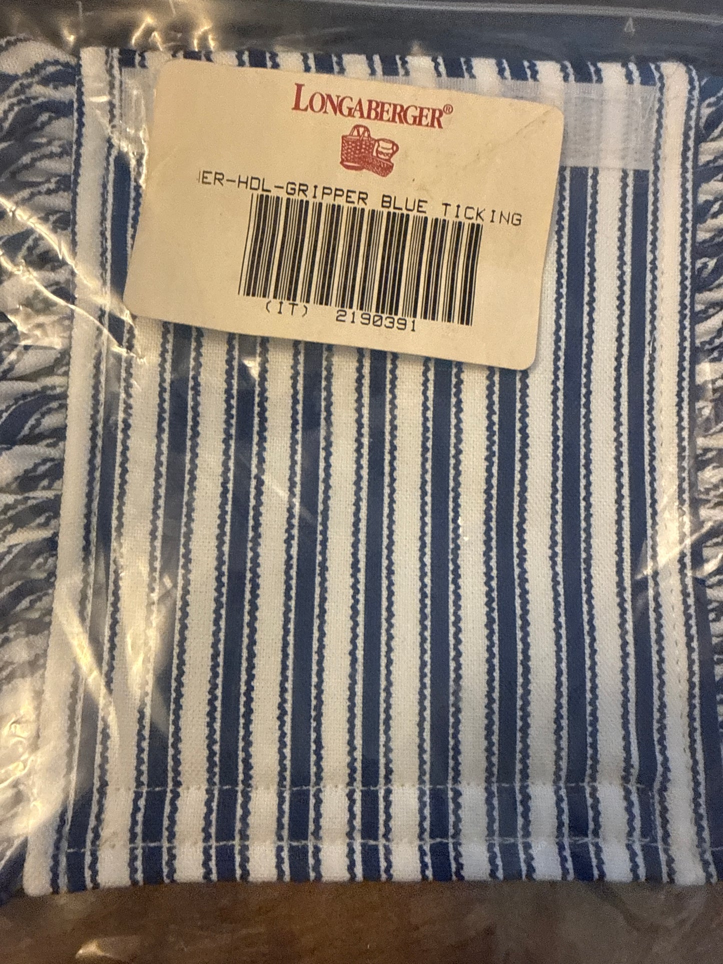 Longaberger handle gripper in blue ticking