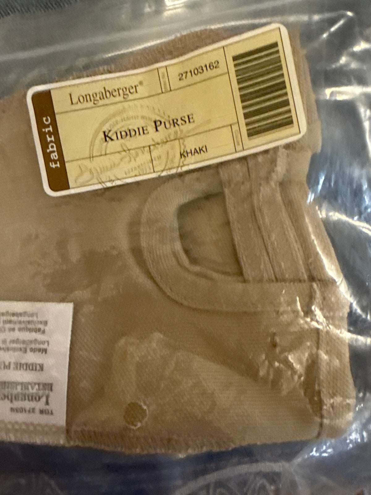 Longaberger kiddie purse liner in khaki