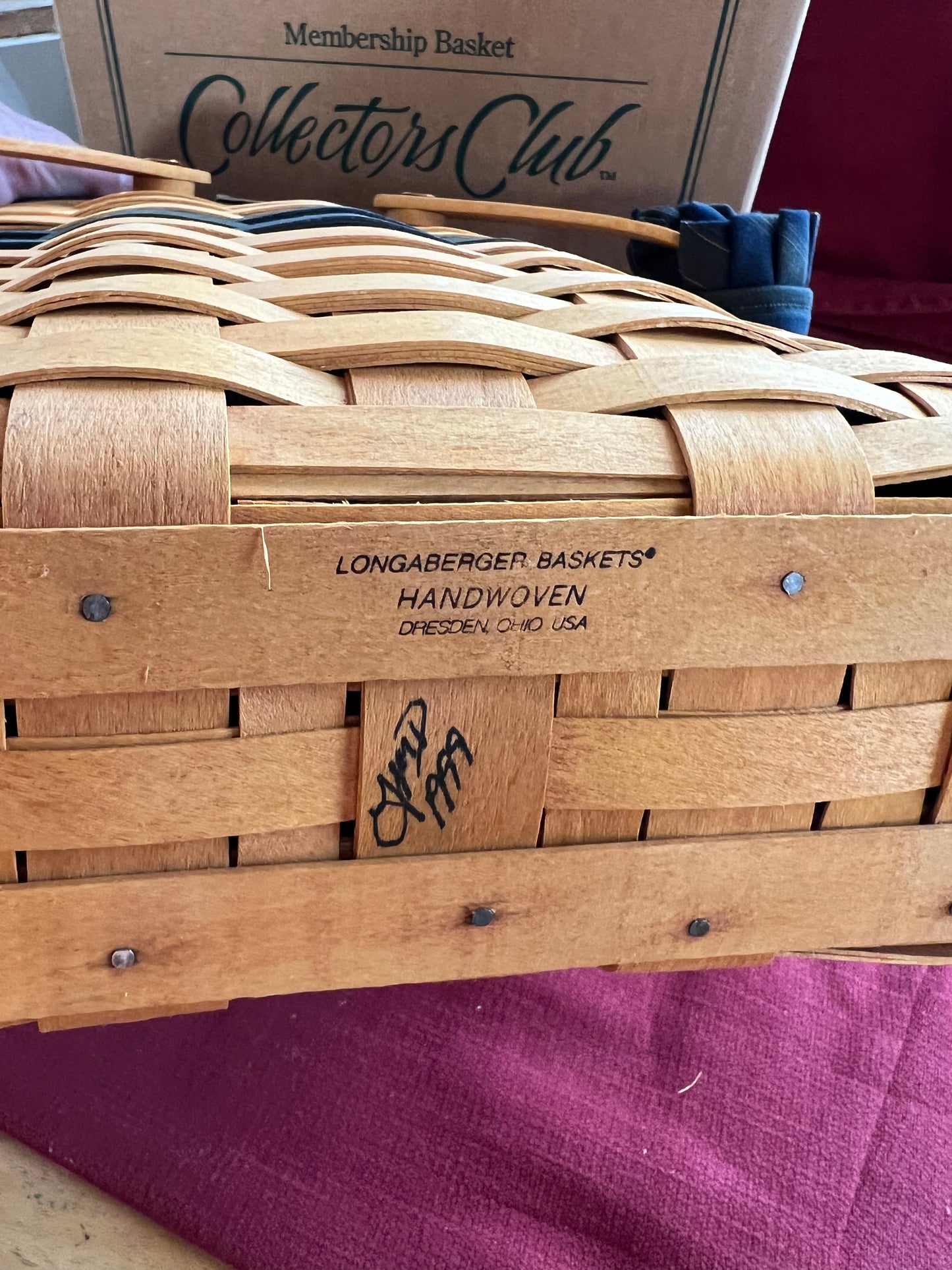 Longaberger Collectors Club membership basket with liner and handle grip