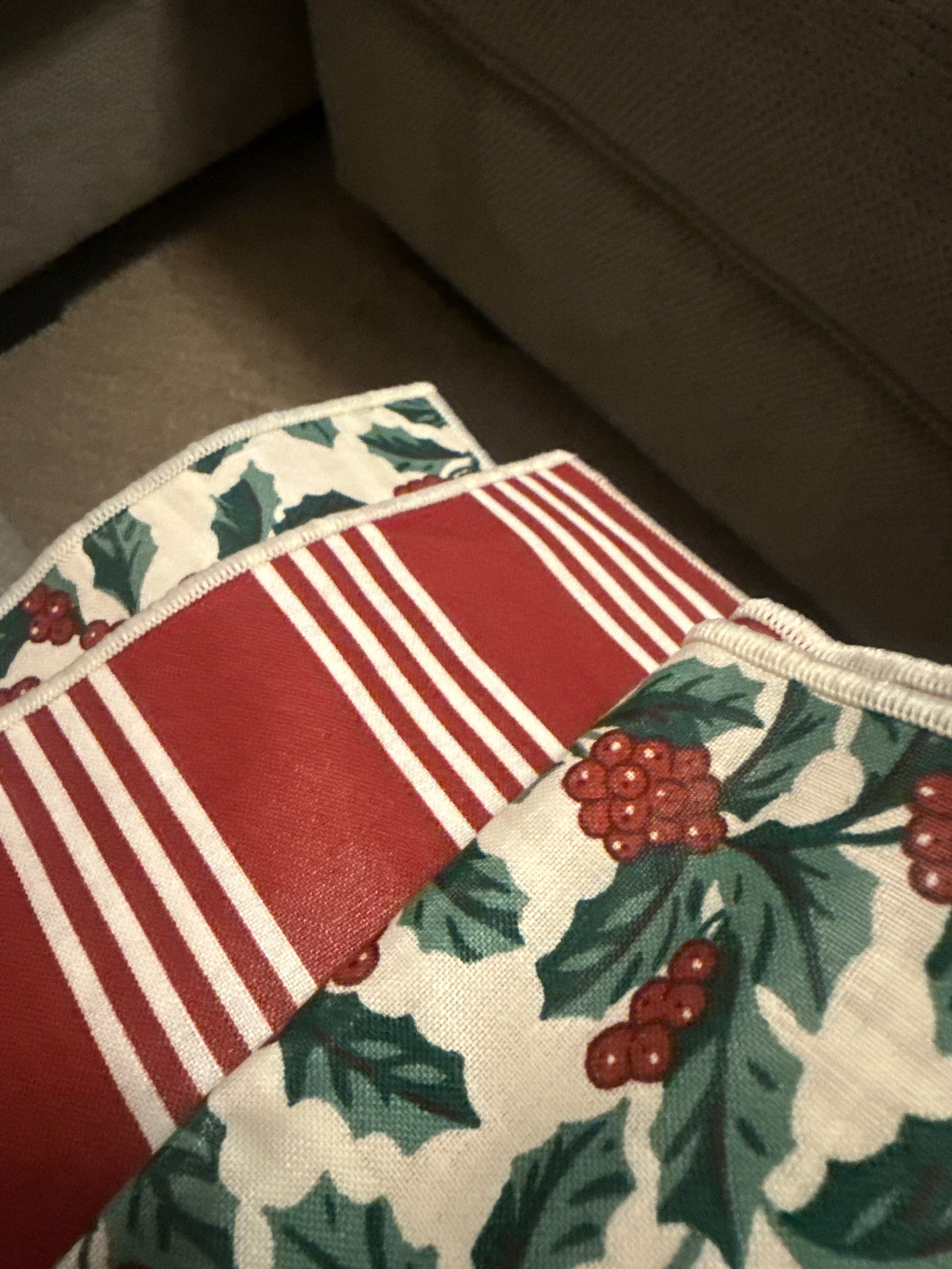 Longaberger 24” by 24” Reversible Fabric Square in holly/red berrystripe