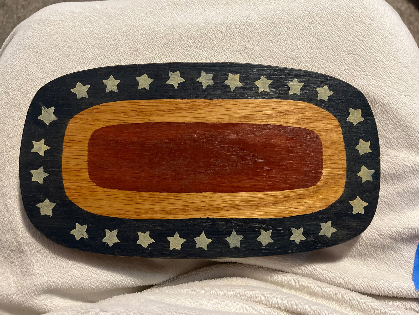 Wooden 9.75”x5.5” ovular lid — red and blue with white stars