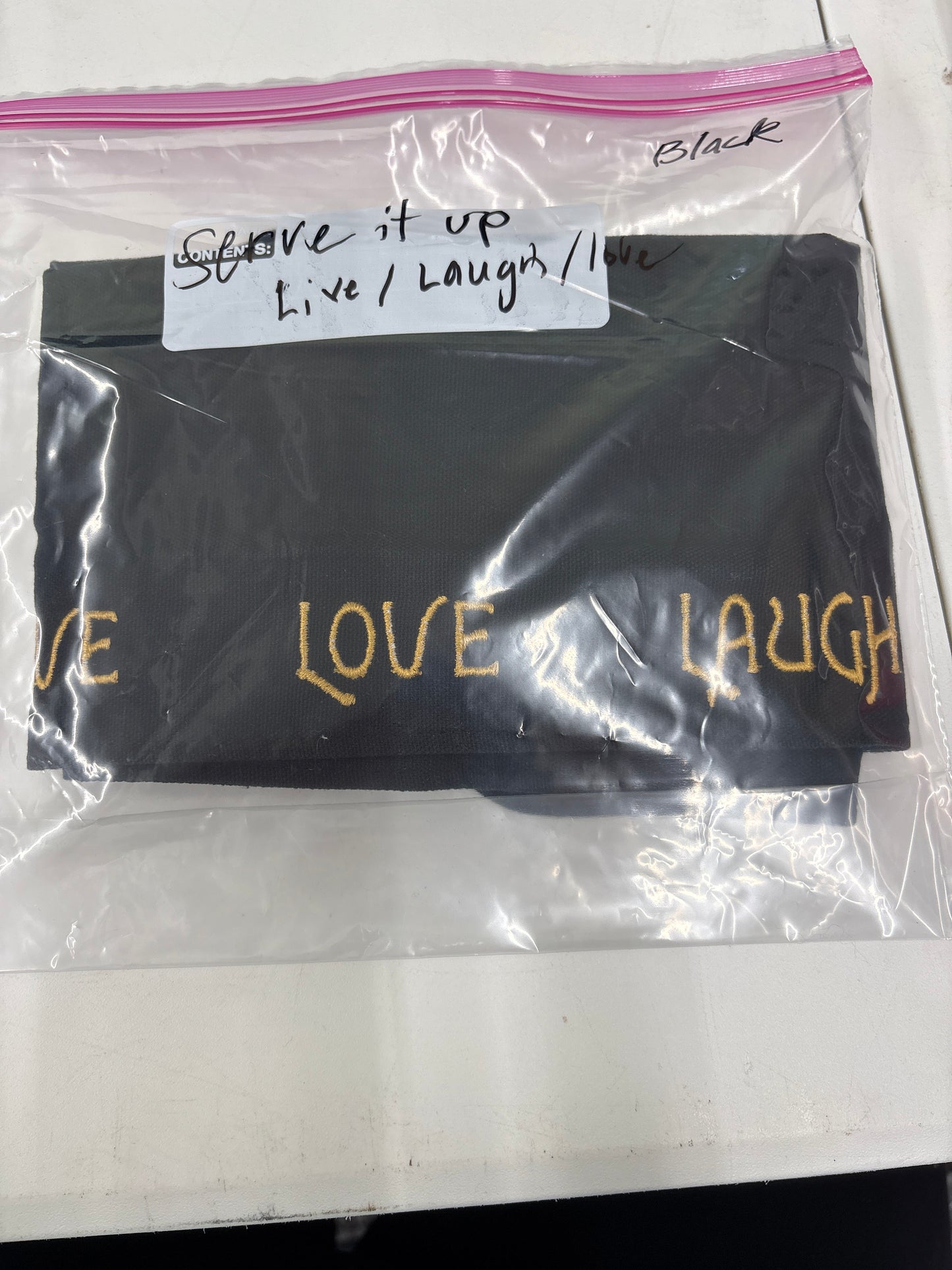 Longaberger Serve It Up liner in Black with Live/Love/Laugh embroidery