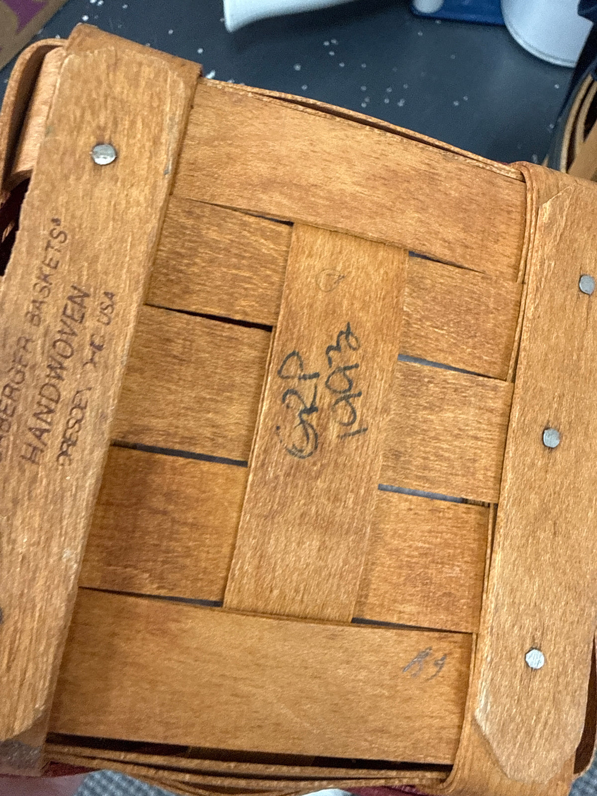 Longaberger sweetheart basket with liner, protector, and tie on (staining in front of basket)