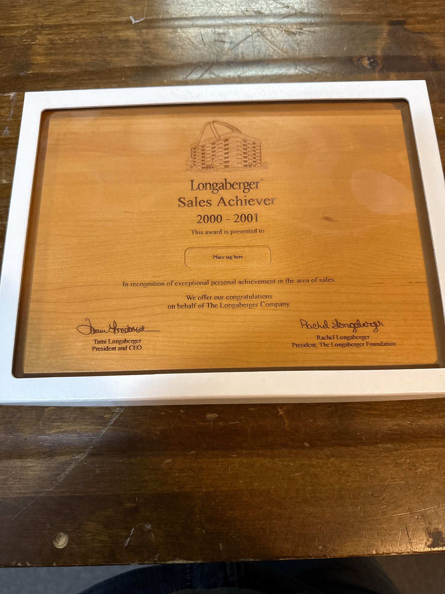 Longaberger sales achiever 2000-2001 plaque