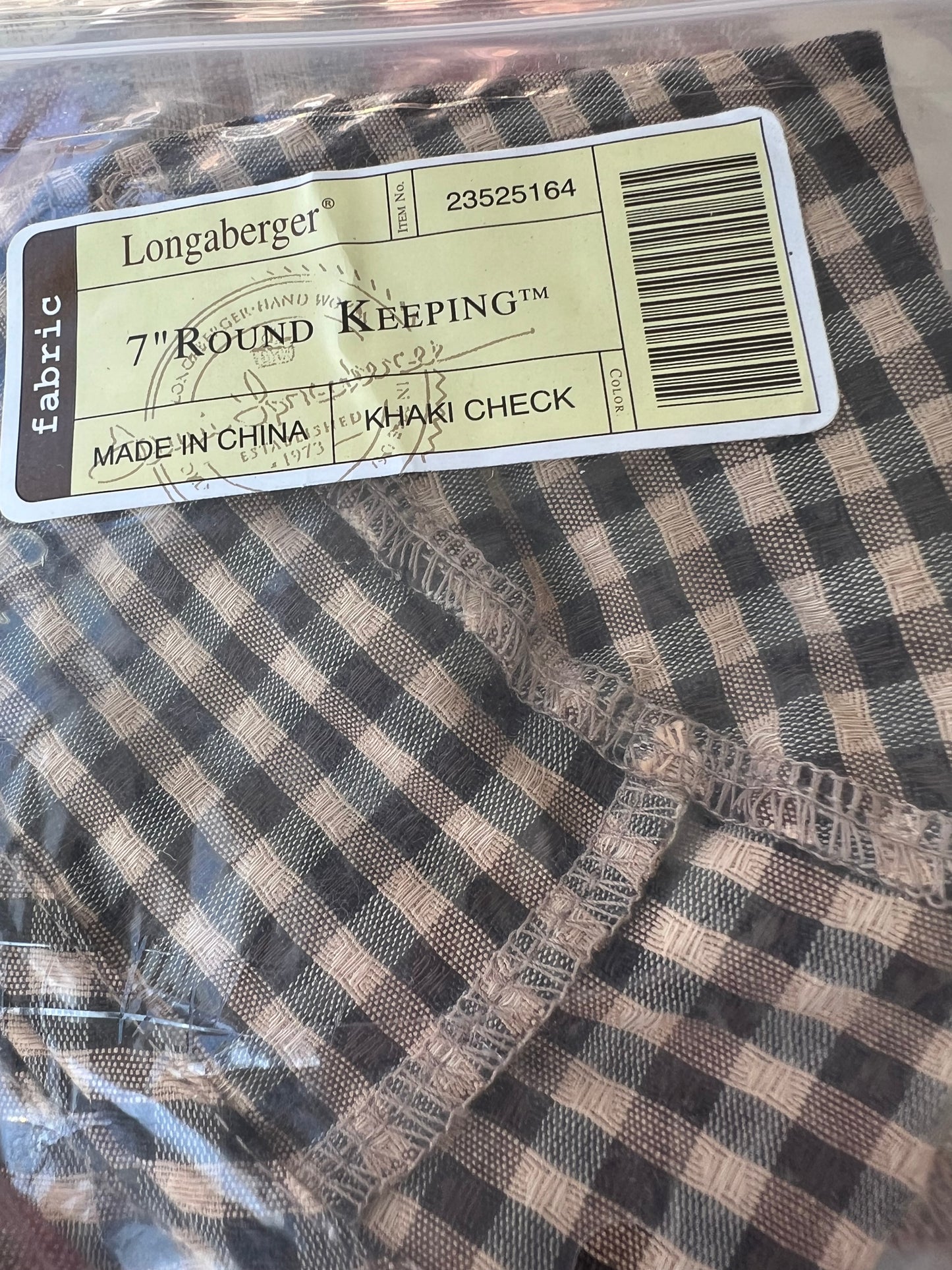 Longaberger 7” round keeping liner in khaki check
