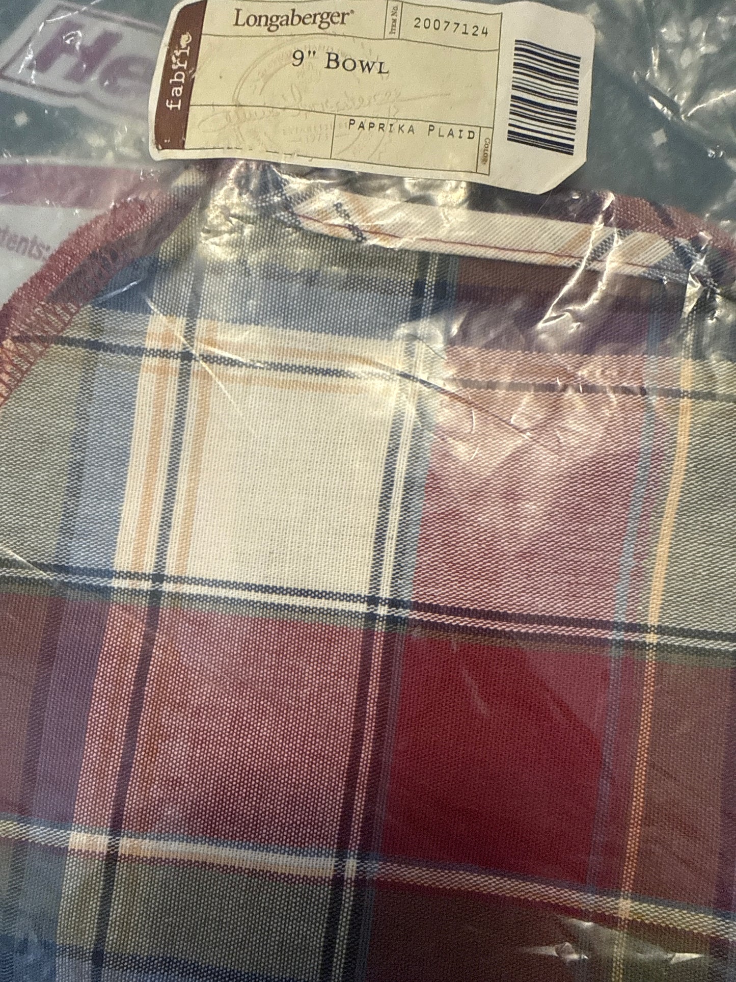 Longaberger 9” bowl liner in paprika plaid