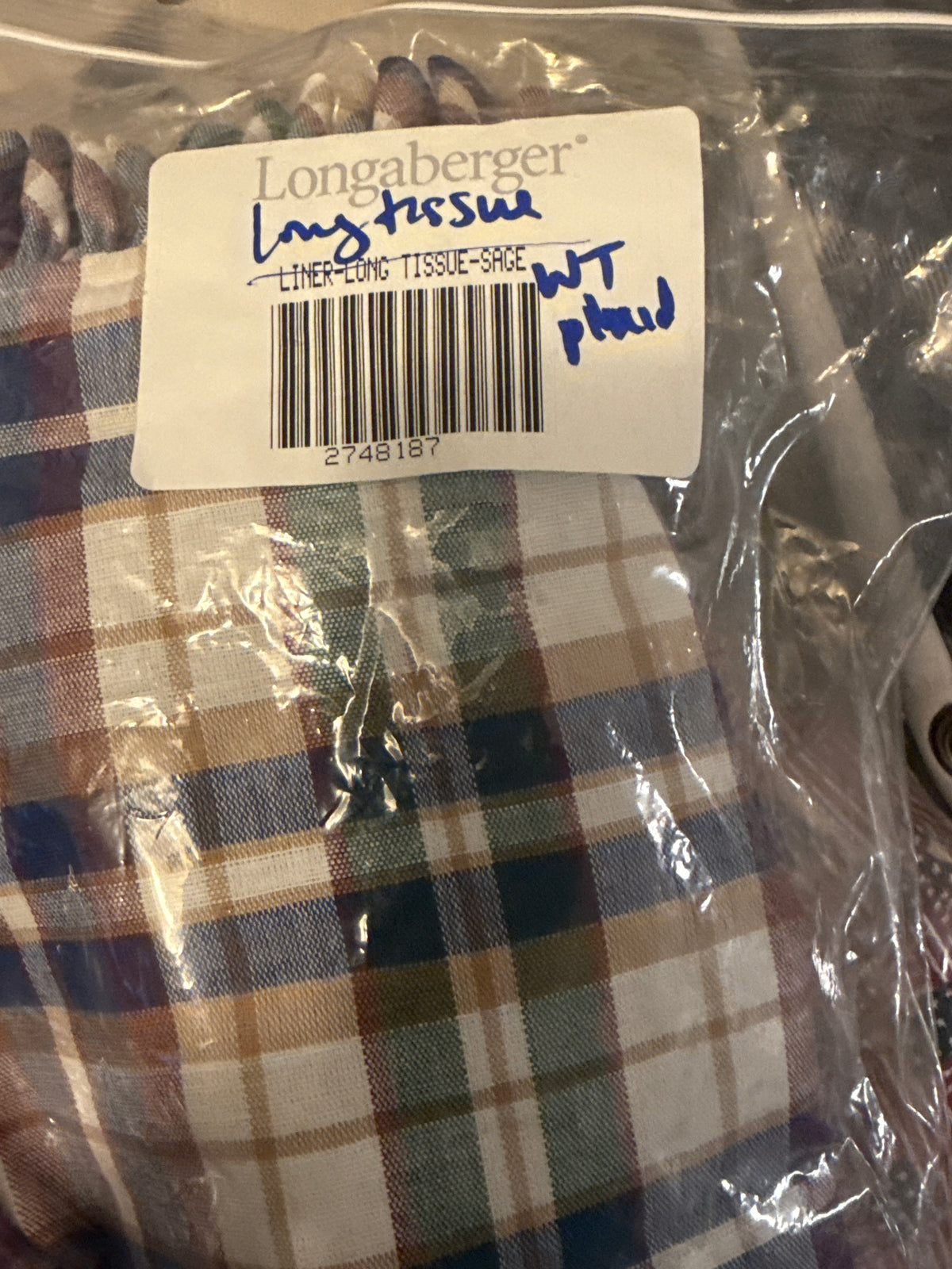 Longaberger long tissue liner in WT plaid