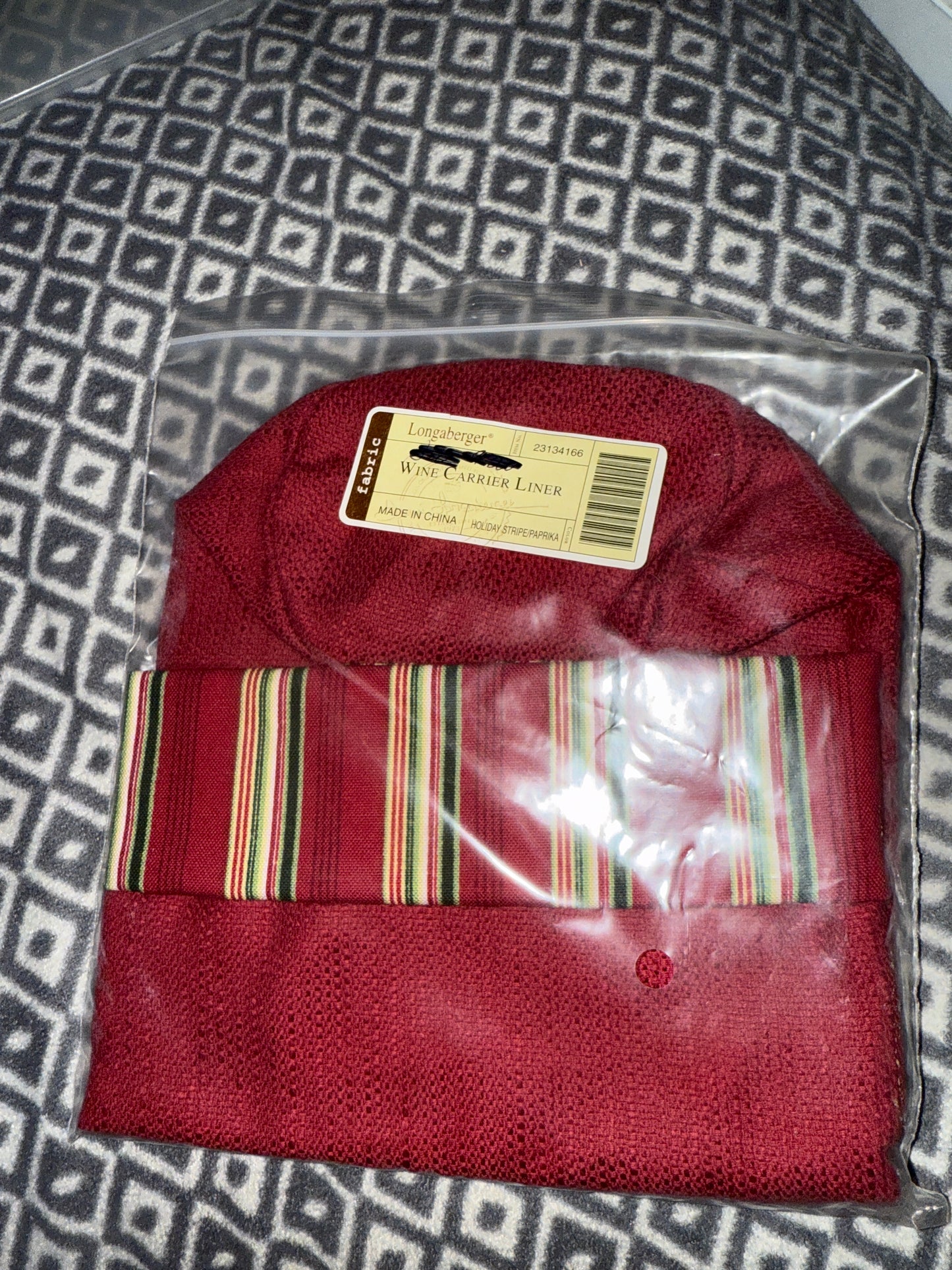 Longaberger Wine Carrier Liner in Holiday Stripe / Paprika