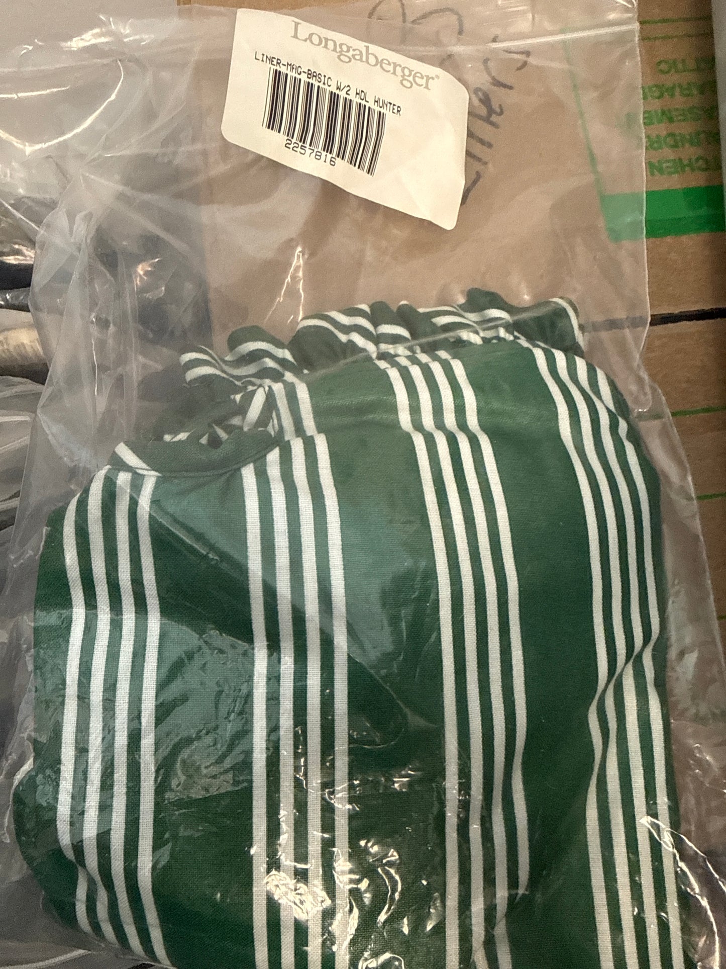 Longaberger magazine basic with 2 handles in hunter green stripe