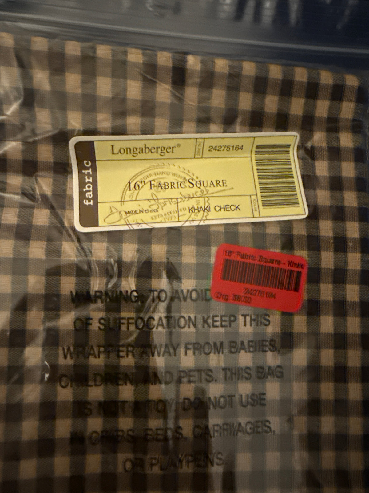 Longaberger 16” fabric square in khaki check