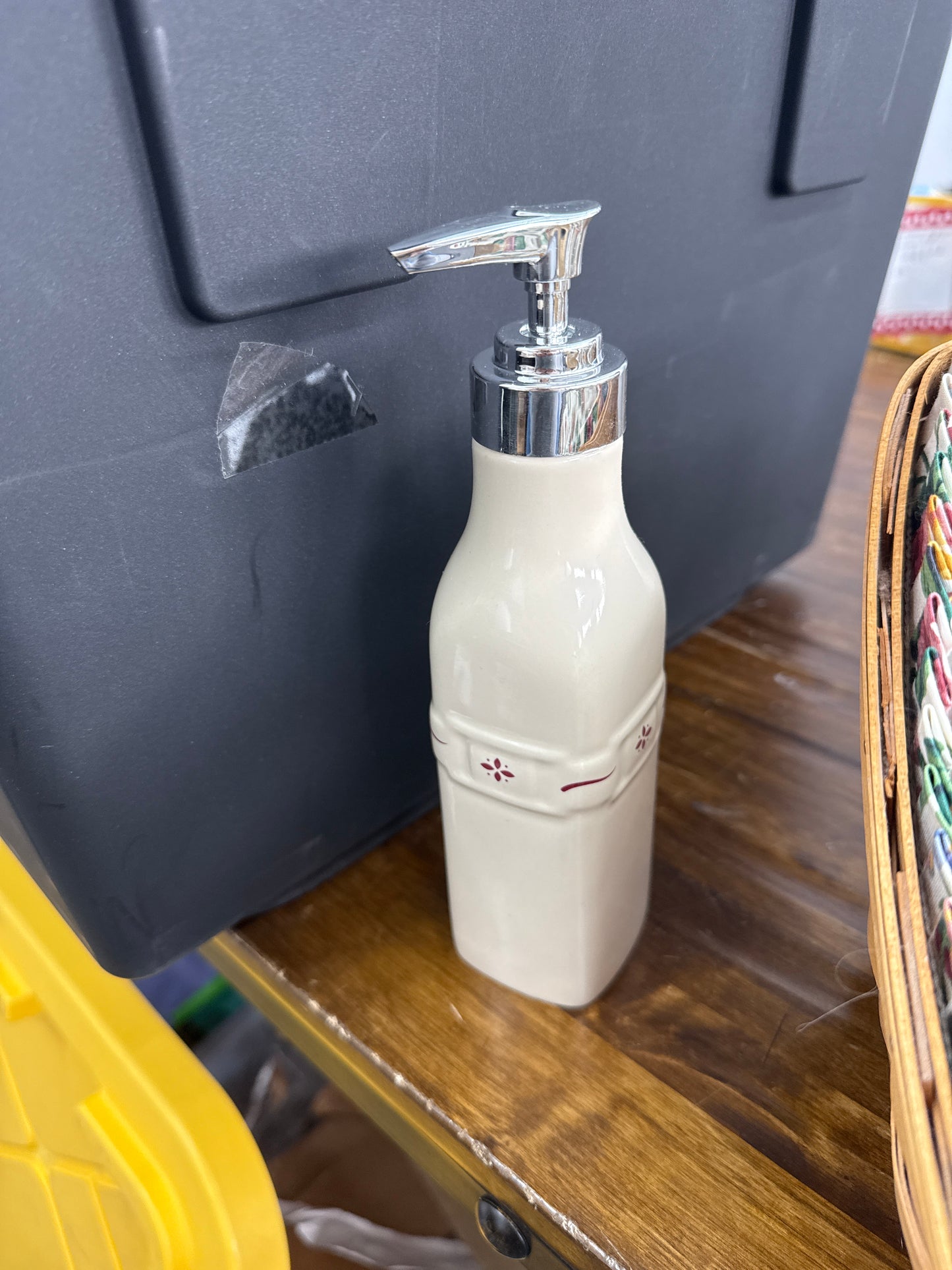 Longaberger tall soap dispenser in traditional red