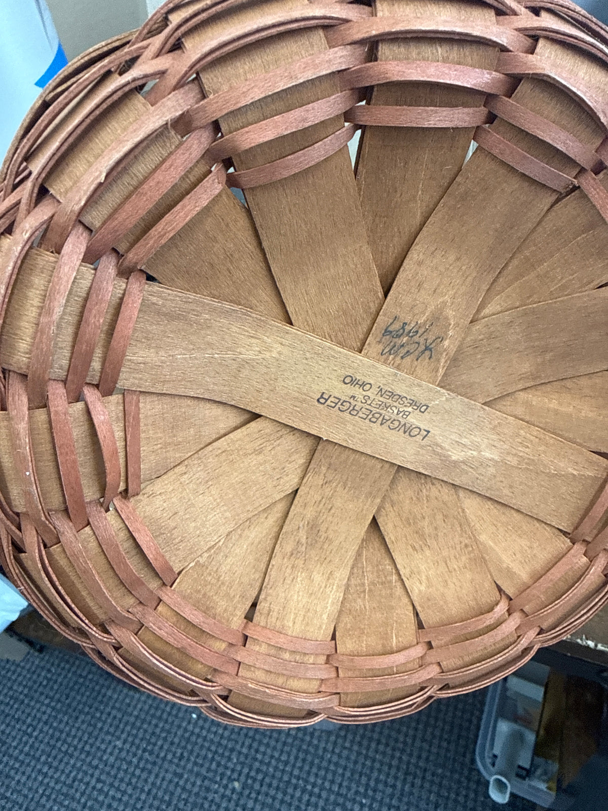 Longaberger 1989 Easter basket with sack of wooden hearts