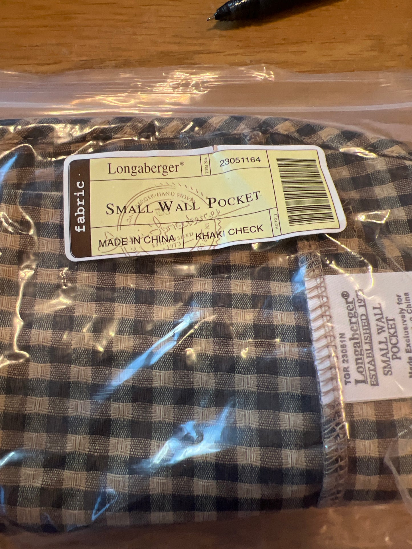 Longaberger Small Wall Pocket Liner in khaki check