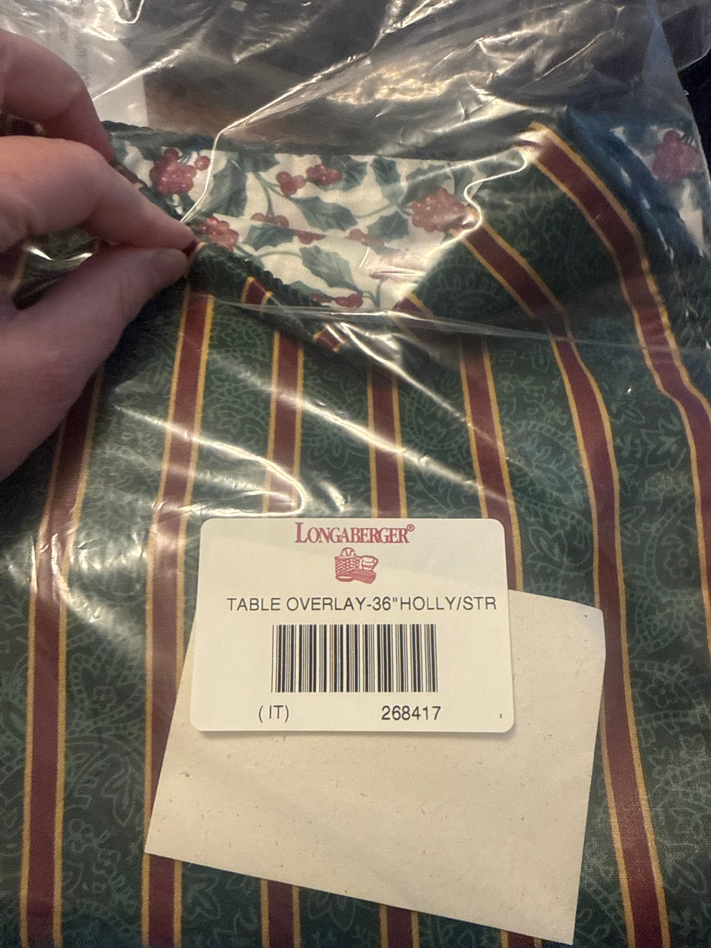 Longaberger table overlay 36” Holly/imperial stripe