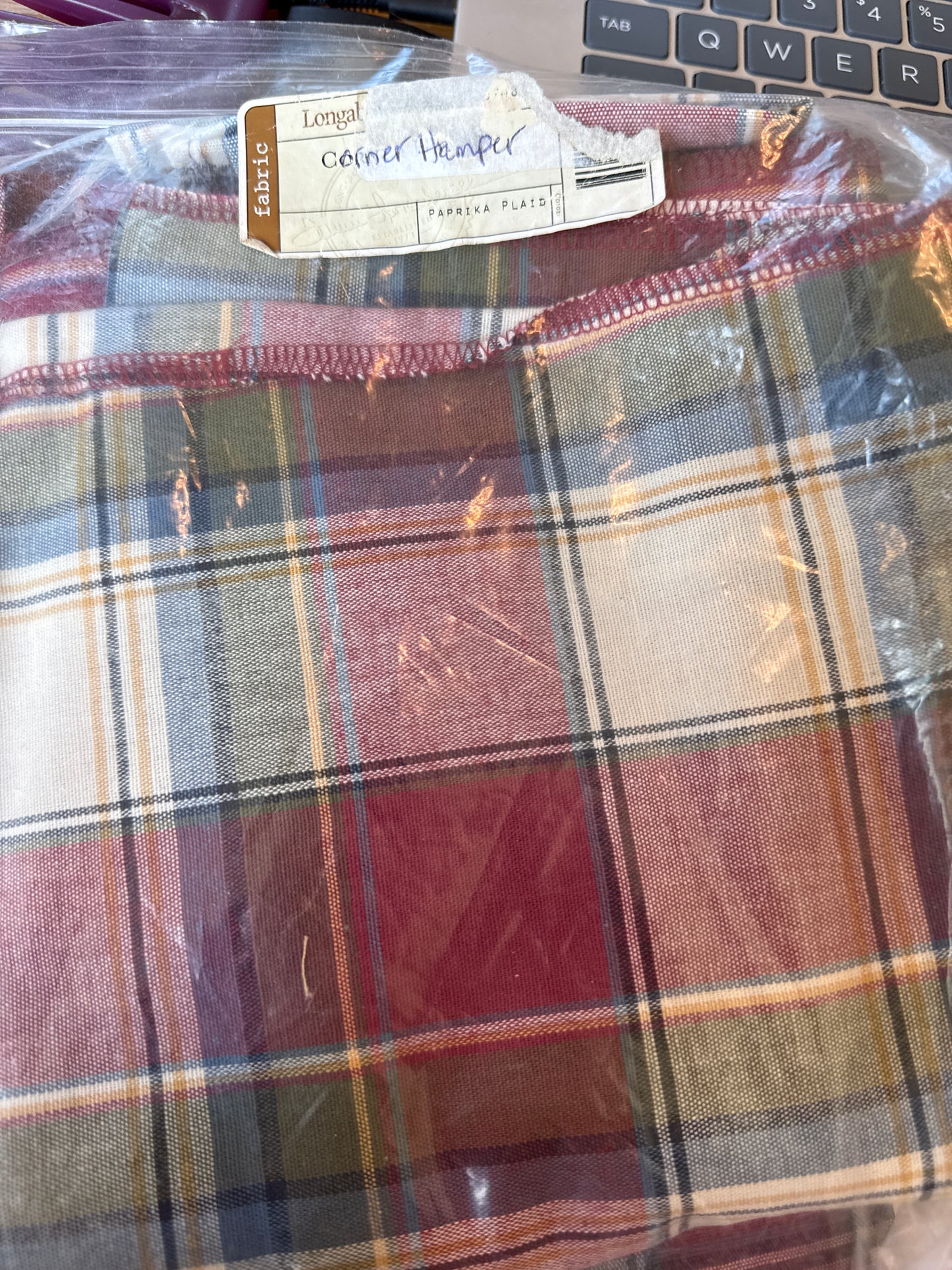 Longaberger corner hamper liner in paprika plaid