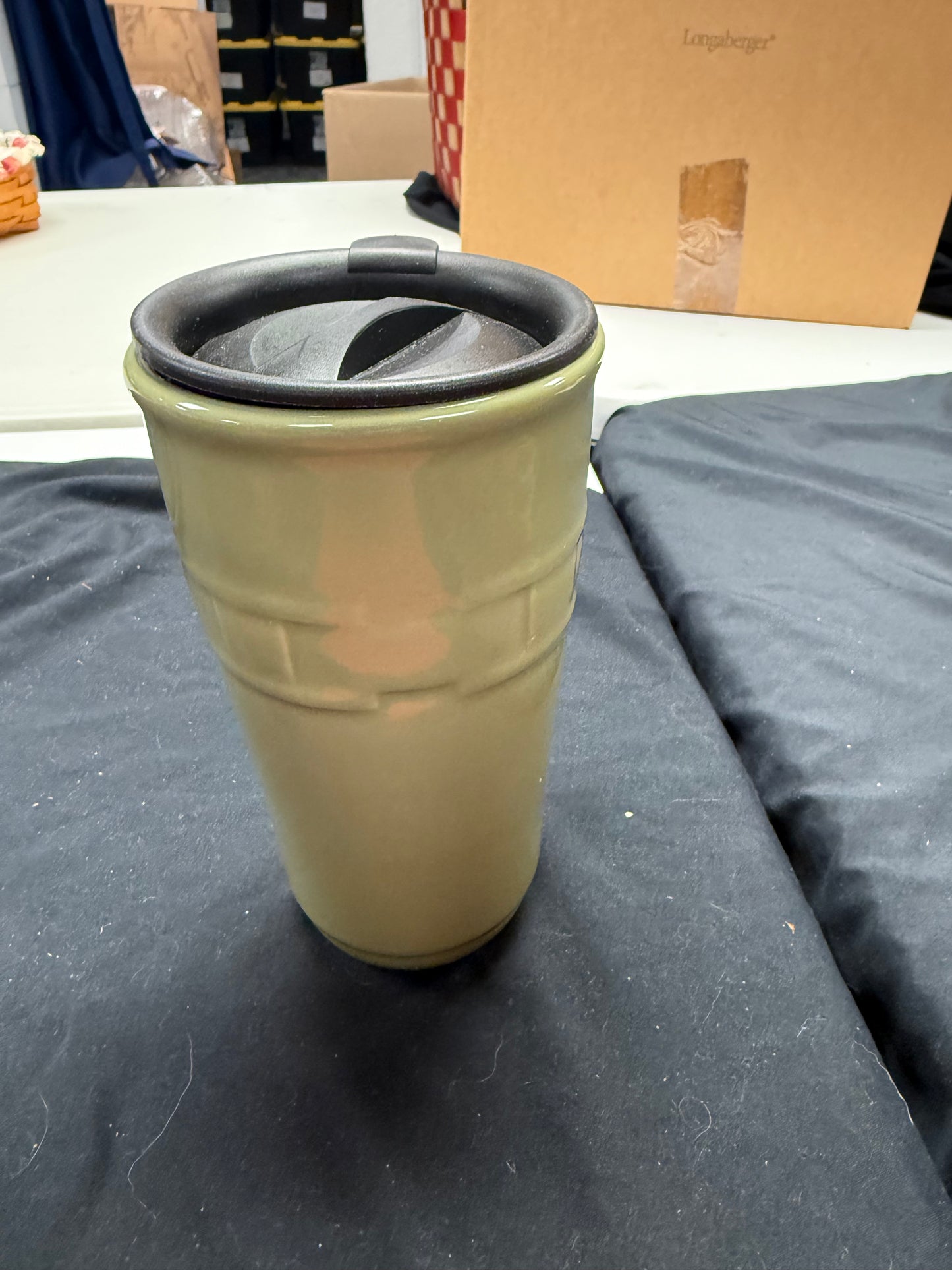 Longaberger travel mug in Sage with lid