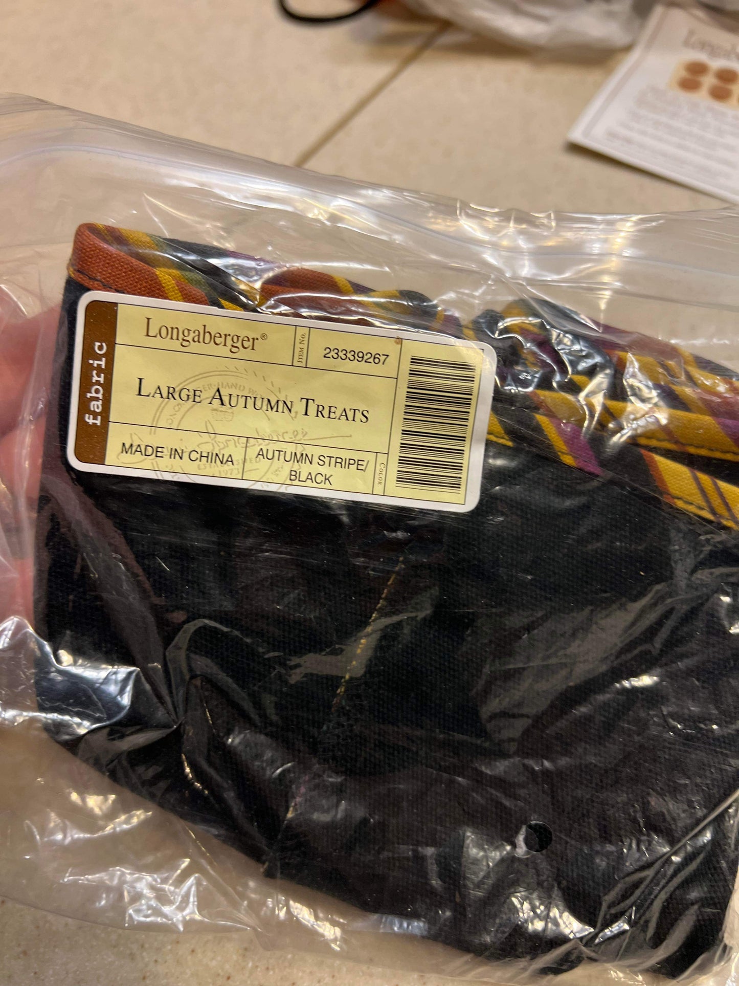 Longaberger Large Autumn Treats Liner in Black/ Autumn Stripe