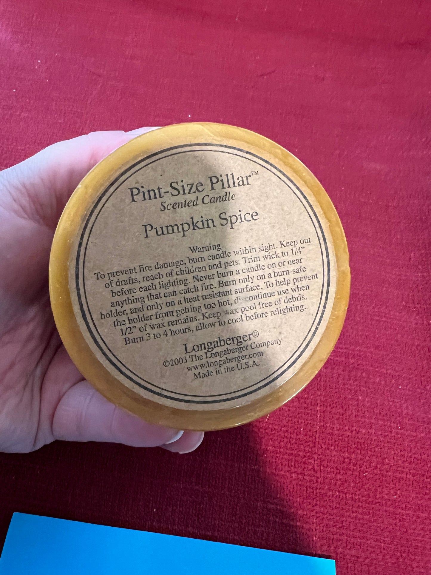 Longaberger pint size pillar candle in pumpkin spice