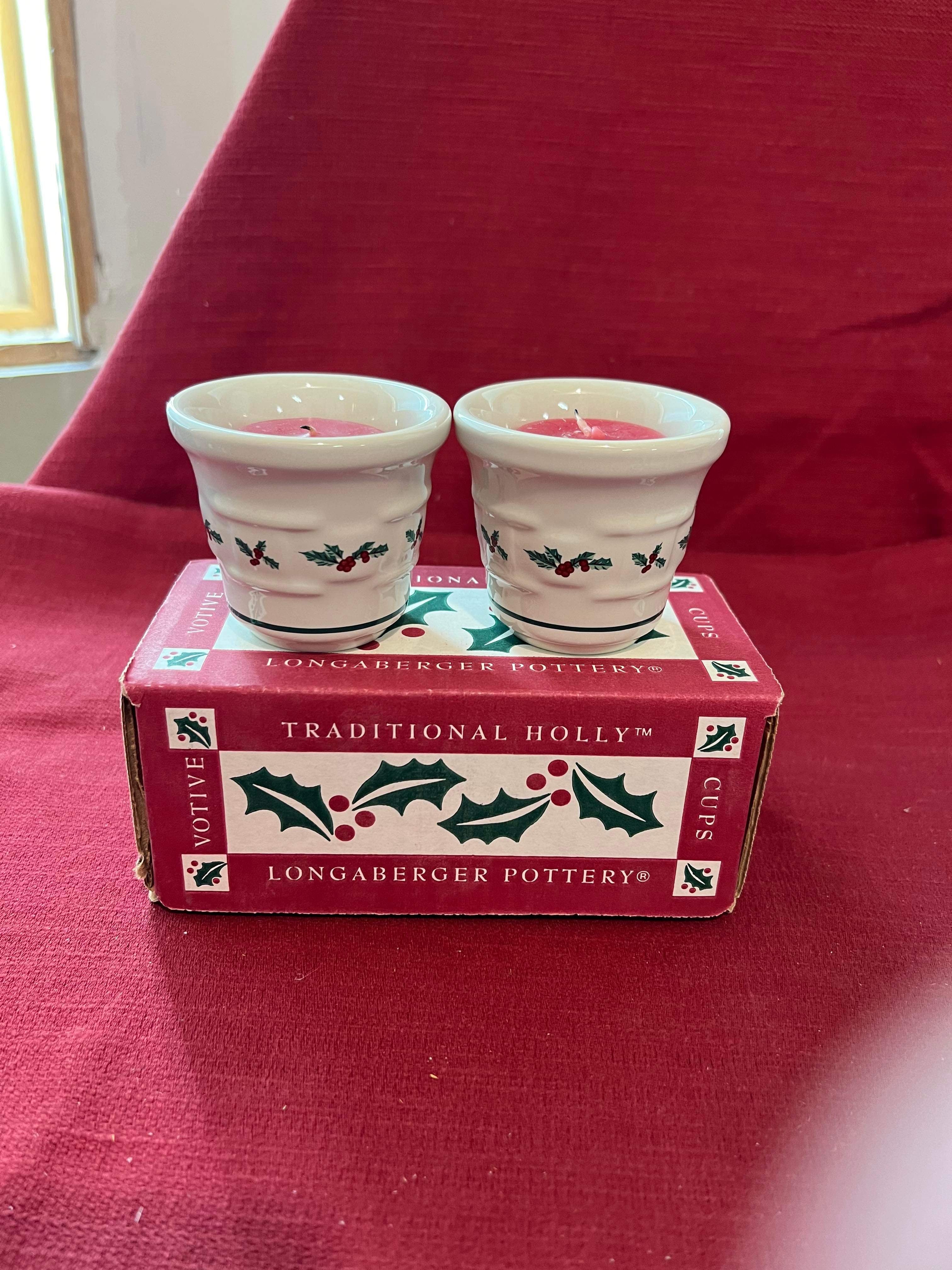 Vintage Longaberger Pottery Votives Cups/set of 2/36064/ Traditional Holly  