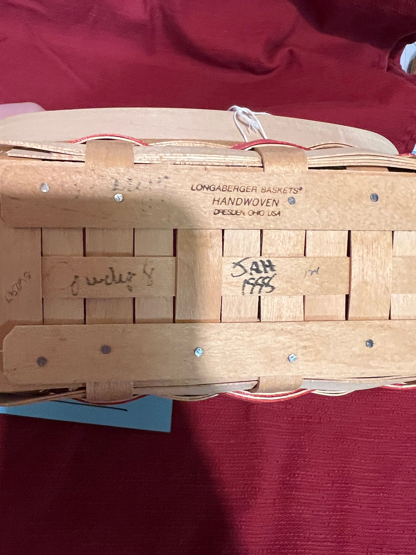 Longaberger signed 20th century basket with protector & tie on