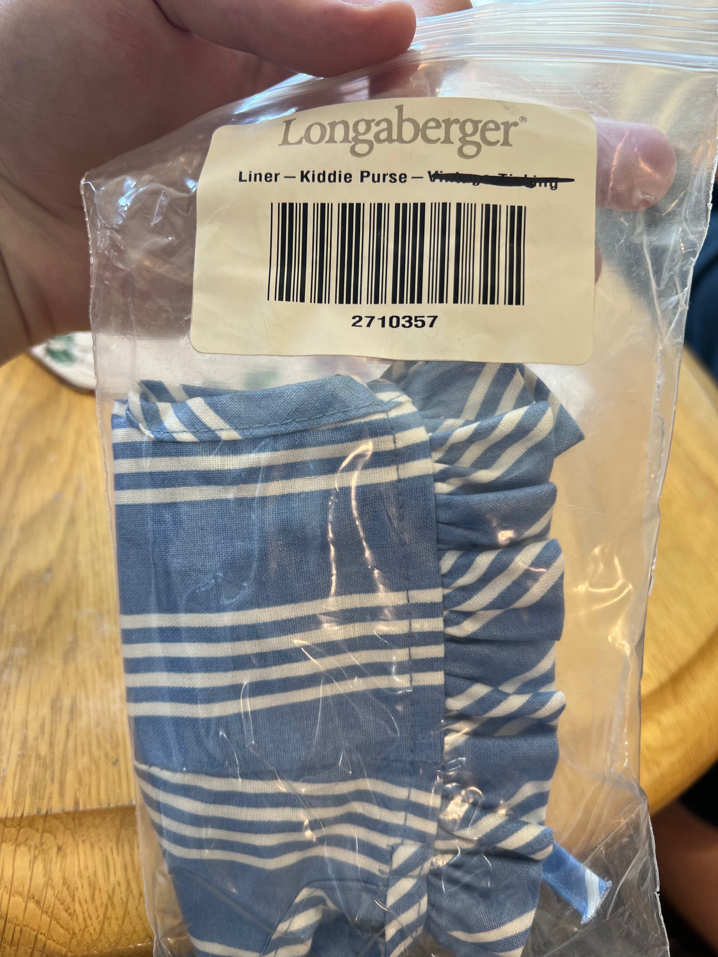 Longaberger kiddie purse liner in blue sky stripe