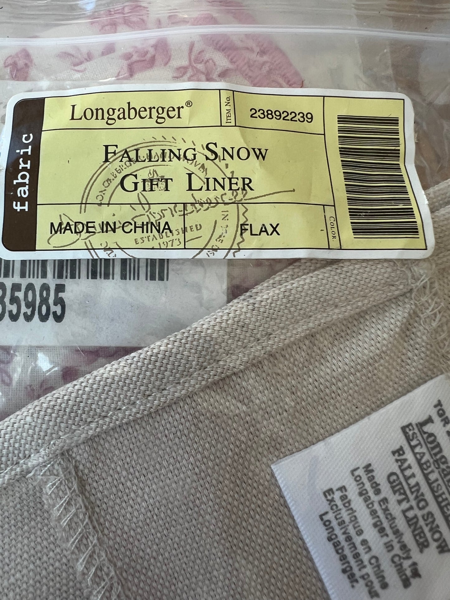 Longaberger falling snow gift liner in flax