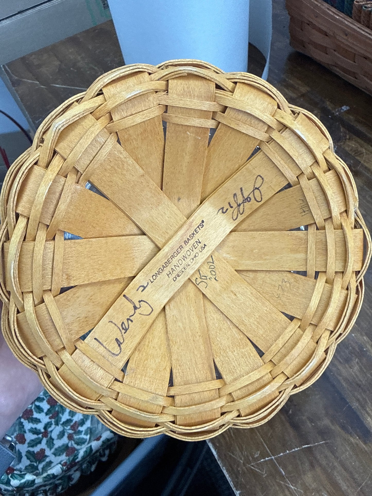 Longaberger 2002 woven memories basket with protector -has Wendy and Jeff’s signatures