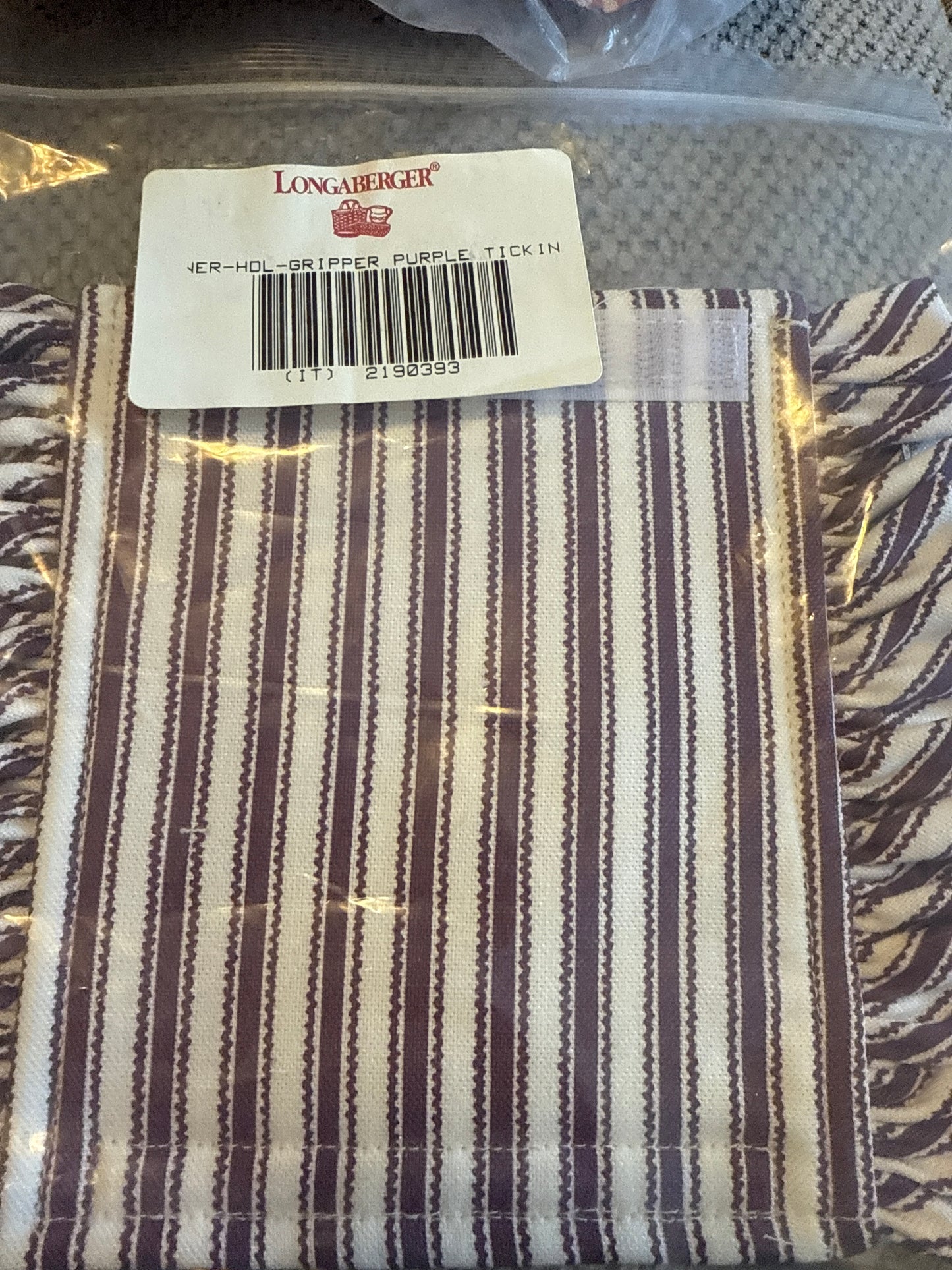 Longaberger handle gripper in purple ticking