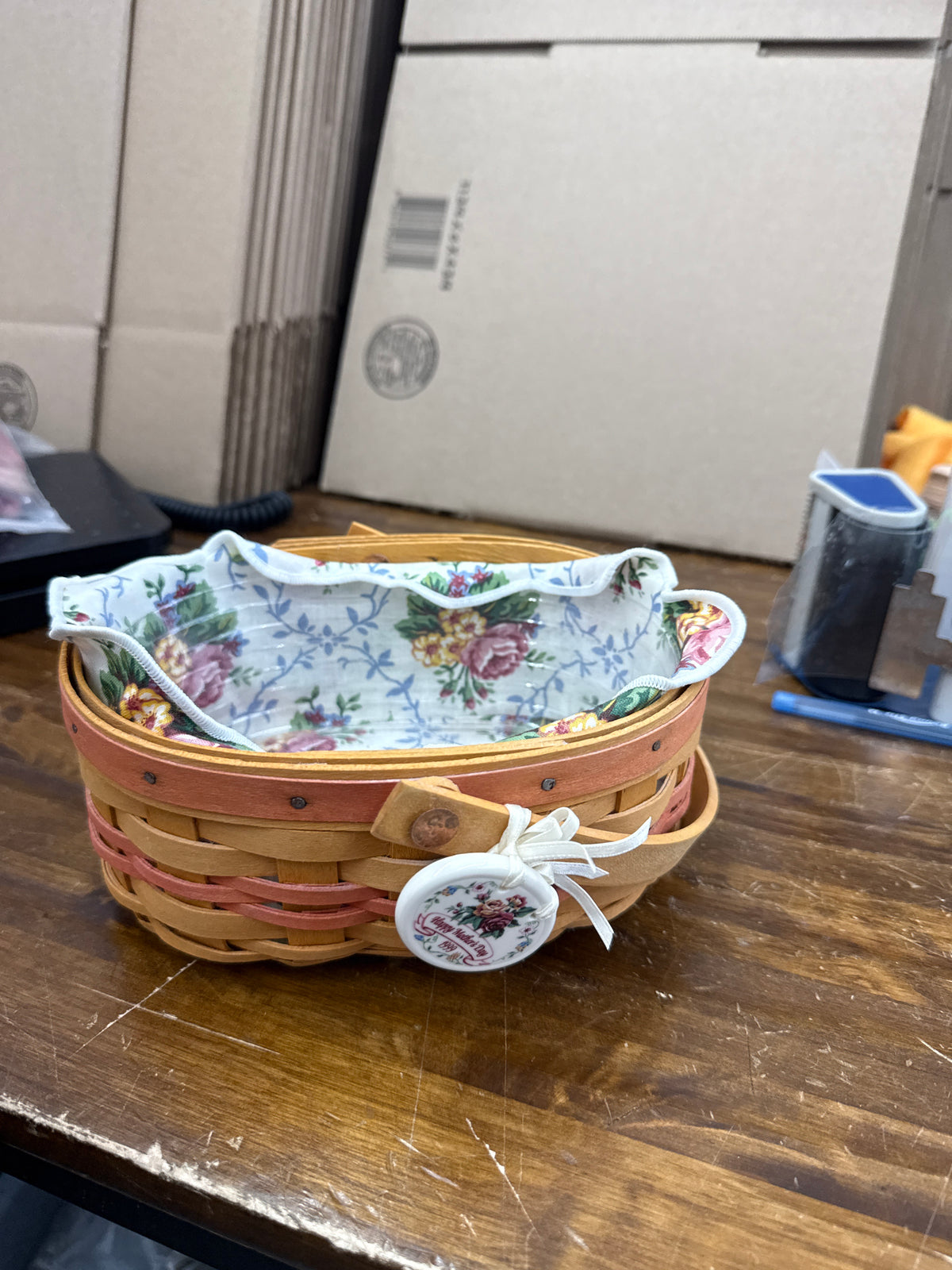 Longaberger 1999 Mother’s Day tea for two basket with liner, protector, and tie on