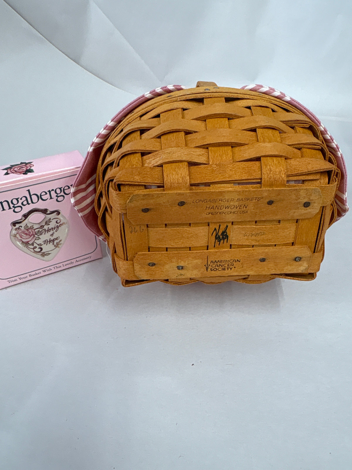 Longaberger 1999 Horizon of Hope Basket with Liner, Protector, Tie on and lid in Warm Brown