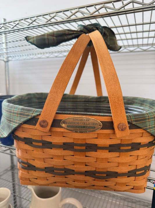 Longaberger community basket with liner, protector, and handle tie