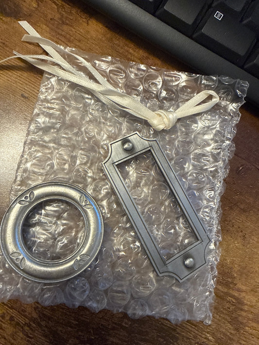 Longaberger rectangle and round pewter tie ons- no labels in package