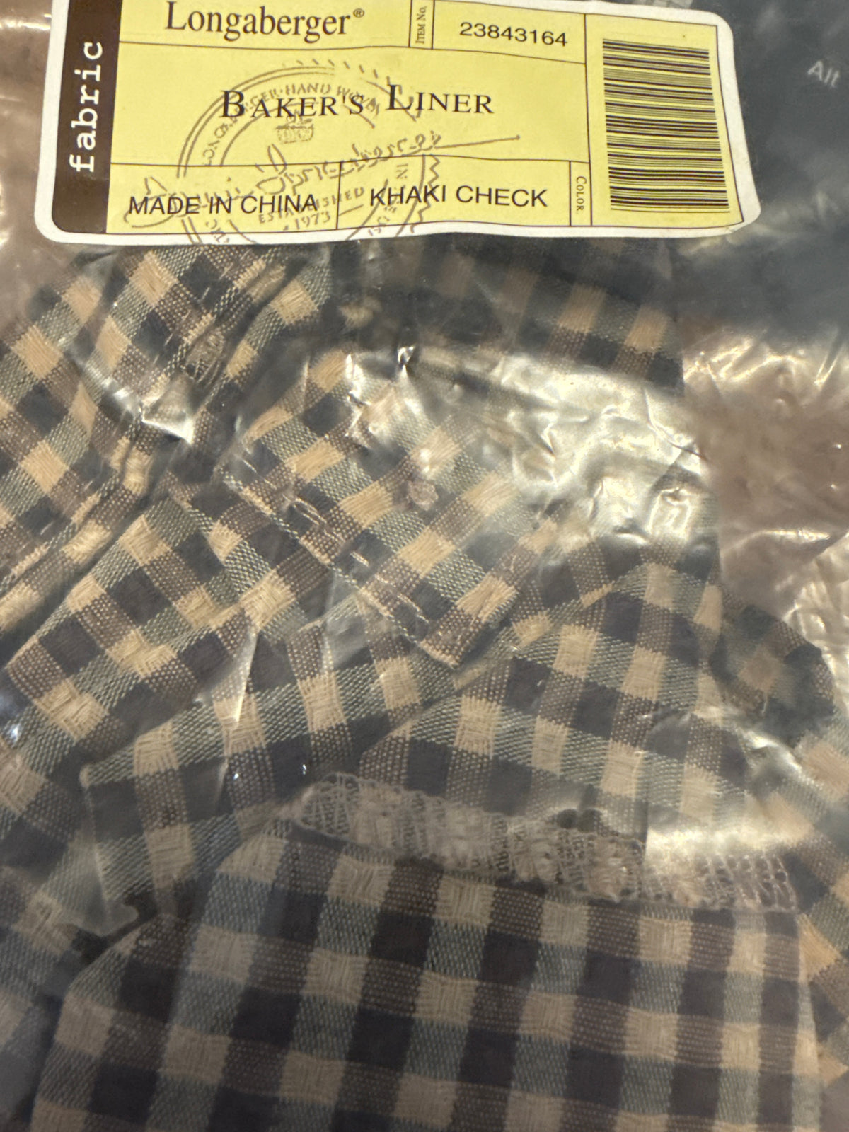 Longaberger baker’s liner in khaki check