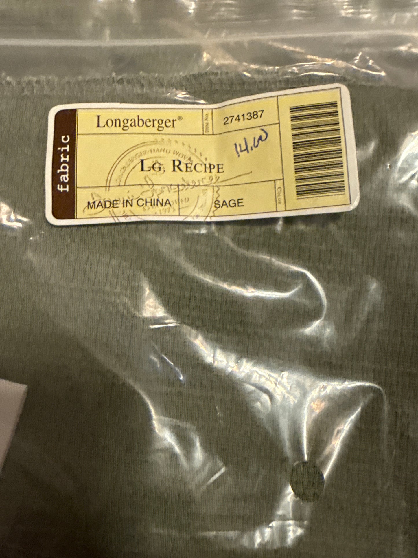 Longaberger large recipe liner in sage