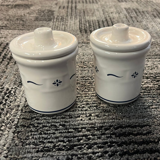 Longaberger set of small condiment crocs with lids in Classic blue