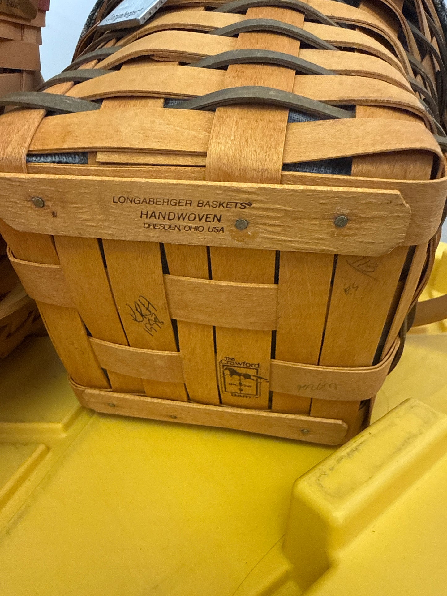 Longaberger Crawford barn basket with lid, liner and protector and tie on
