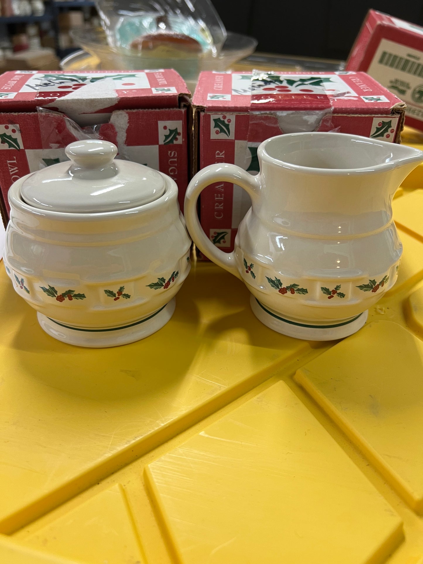 Longaberger traditional Holly cream & sugar set