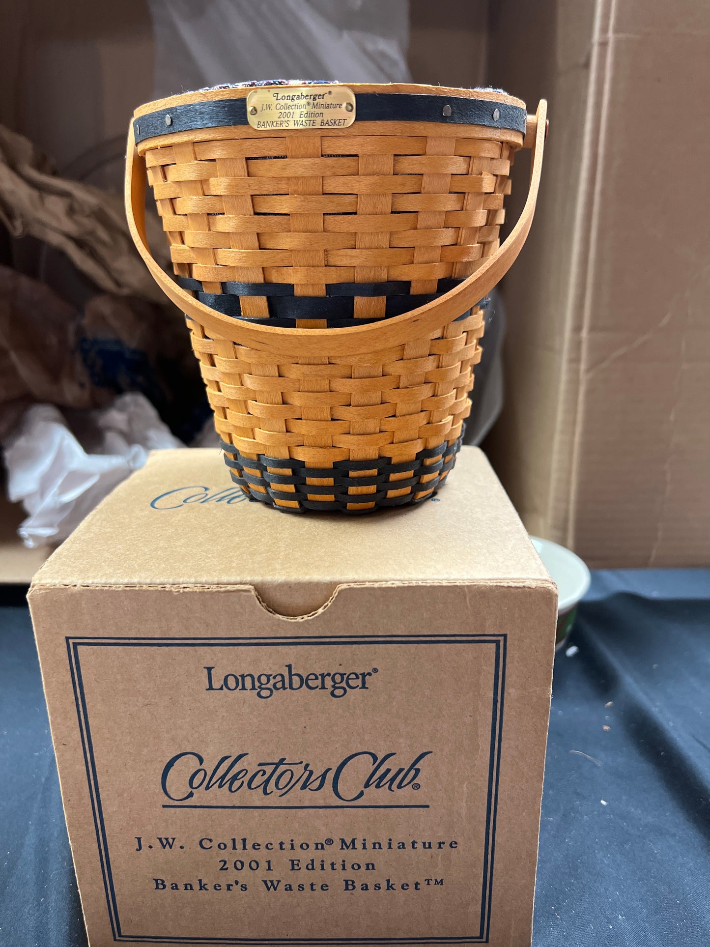 Longaberger mini JW bankers waste basket with liner and protector