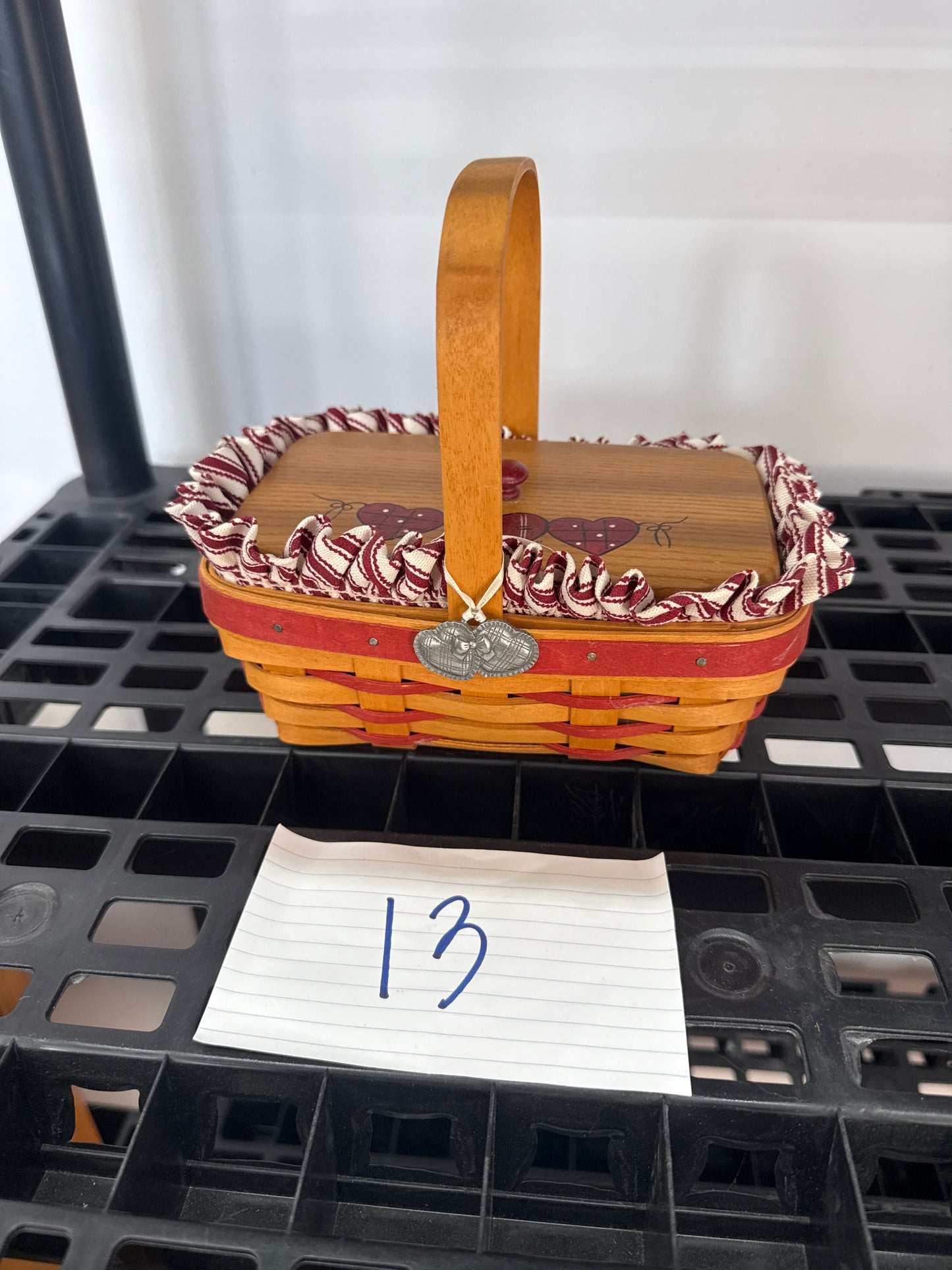 Longaberger sweetheart basket with liner , protector, tie on, and KS lanam lid