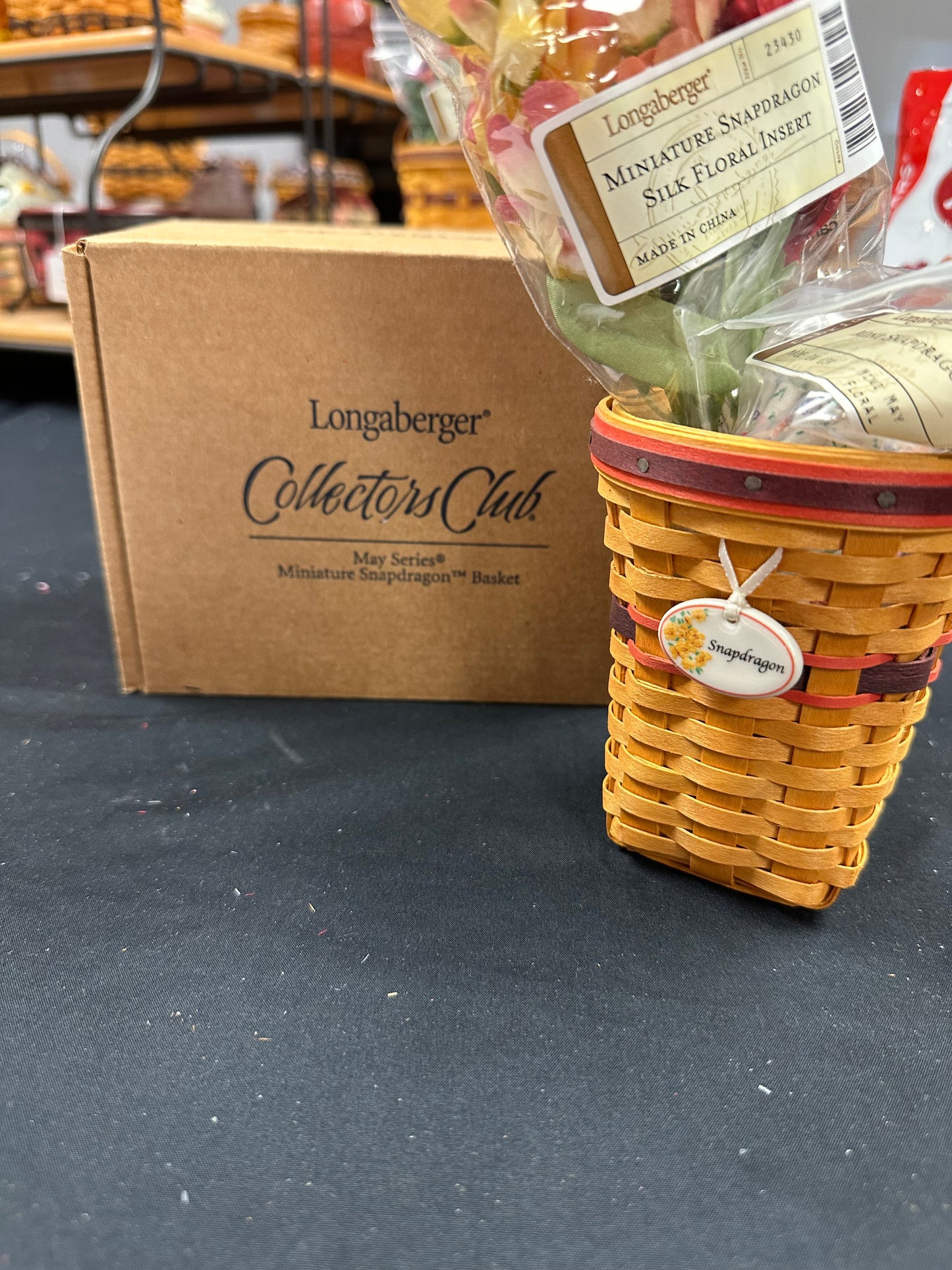 Longaberger Collectors Club May Series Miniature Snapdragon Basket with Liner, Protector, Silk Floral Insert, and Tie On