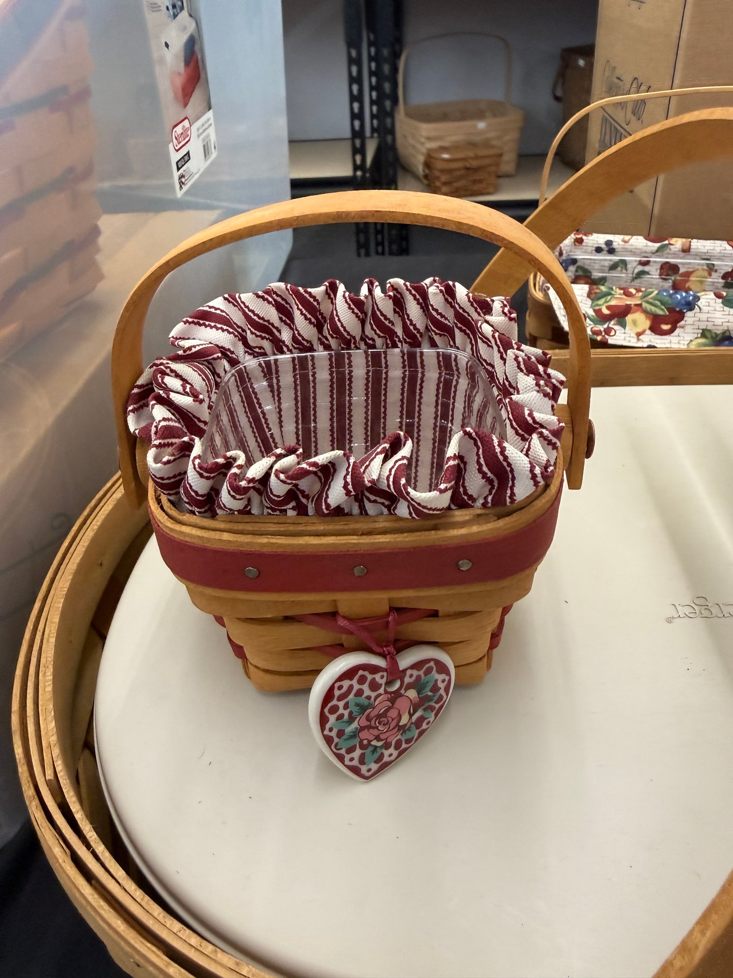 Longaberger sweetheart basket with liner, protector, and tie on