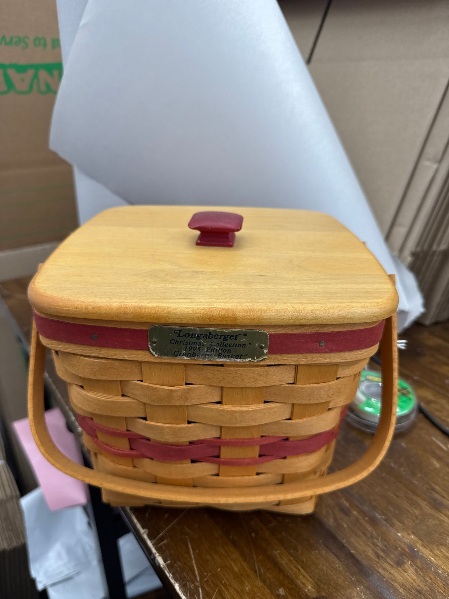 Longaberger cranberry basket with lid and protector