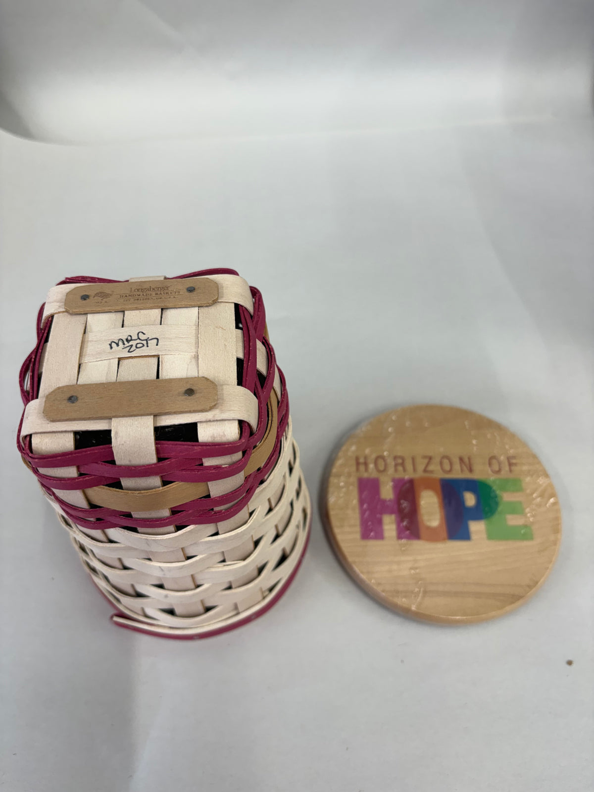 Longaberger 2017 Horizon of Hope Basket with Protector and Lid with Hope Decal, White Wash with Color