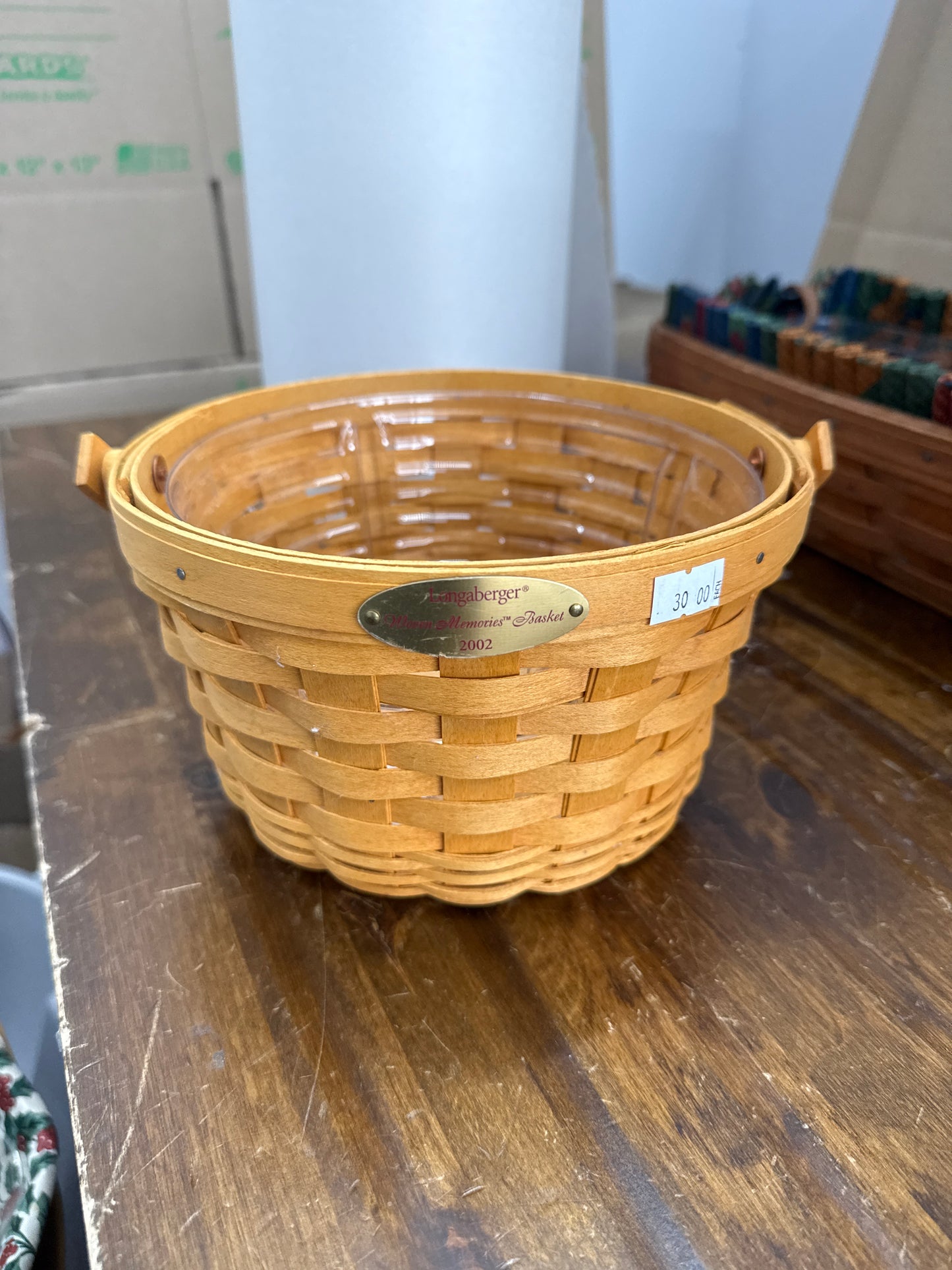 Longaberger 2002 woven memories basket with protector -has Wendy and Jeff’s signatures