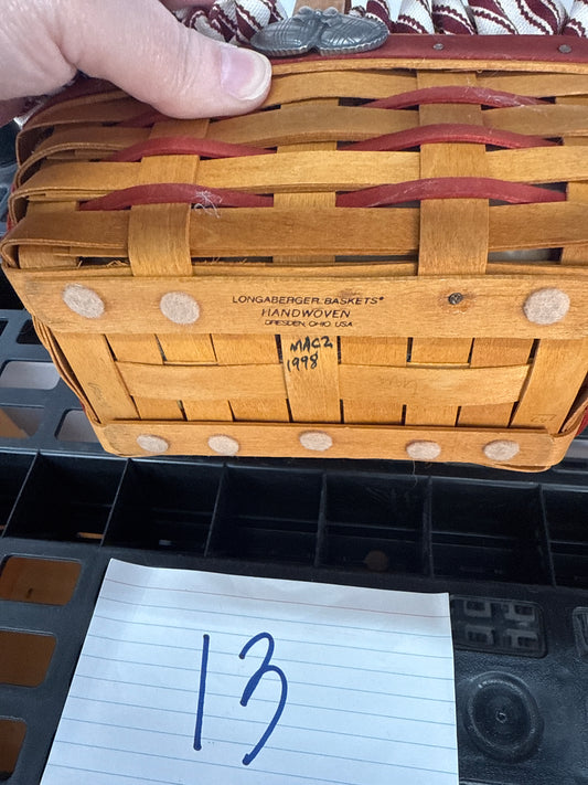 Longaberger sweetheart basket with liner , protector, tie on, and KS lanam lid